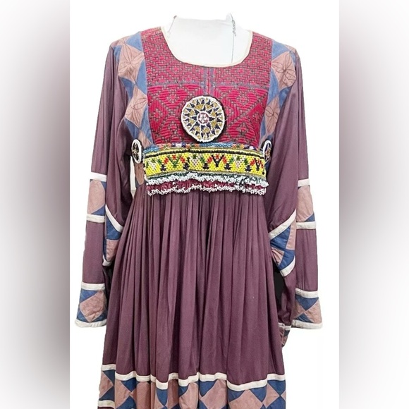 Vintage 1970s Afghan Kuchi Embroidered Beaded Patchwork Bohemian Tribal Dress - Picture 8 of 8